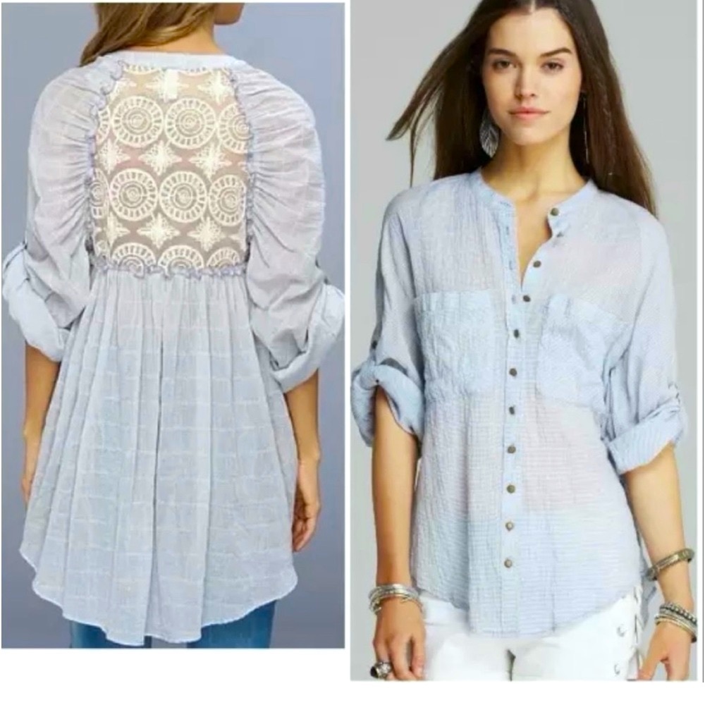 Free People We The Free Oversized Blue Striped Lace Back Button Down Tunic